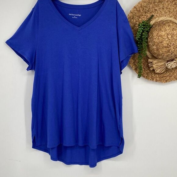 Soft Surroundings Isabel  V-Neck Tee Shirt Tunic Top Side Slits Pima Cotton Blue - Picture 1 of 8